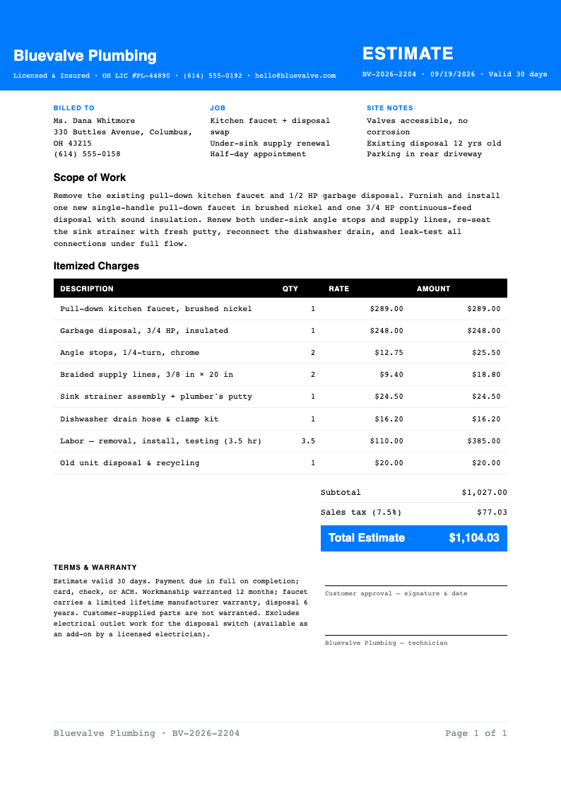Clean invoice style plumbing estimate